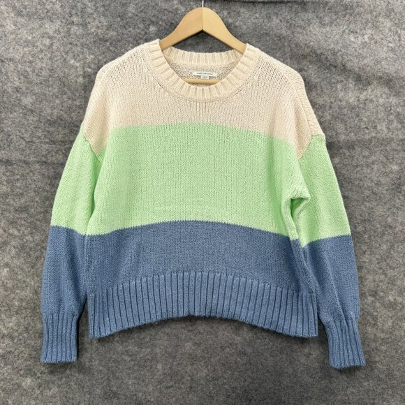 American Eagle Sweater Womens S Green Blue Colorblock Pullover Crew Knit - Picture 1 of 8
